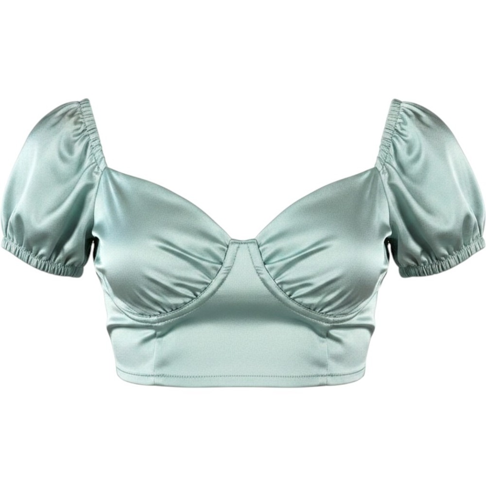 Tresser Cropped Top Womens Medium Sage Green Satin‎ Ruched Front Babydoll